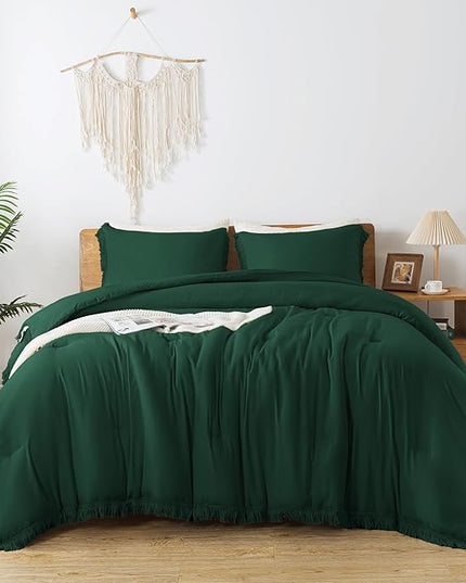 Andency Dark Emerald Green Comforter Set California King, Cal King Boho Lightweight Bedding Comforter Sets, 3 Pieces Oversized All Season Soft Tassel Bed Set (104x96In Comforter & 2 Pillowcases) - LeafyLoom