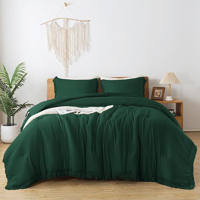 Andency Dark Emerald Green Comforter Set California King, Cal King Boho Lightweight Bedding Comforter Sets, 3 Pieces Oversized All Season Soft Tassel Bed Set (104x96In Comforter & 2 Pillowcases) - LeafyLoom