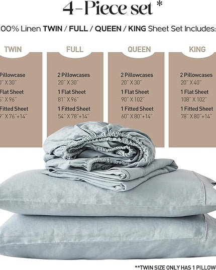 Simple&Opulence 100% Washed Linen Sheet Set-Queen Size-Natural France Flax Bed Sheet-4 Pcs Breathable,Ultra Soft,Farmhouse Bedding (1 Flat Sheet,1 Fitted Sheet,2 Pillowcases)-Embroidery Dusty Blue - LeafyLoom