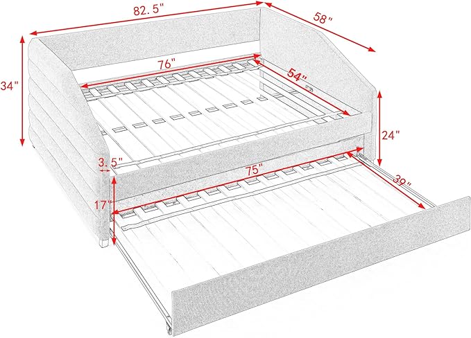 Linen Upholstered Full Size Daybed with Trundle, Solid Wooden Sofa Bedframe w/Pull Out Bed and Tufted Decorate, No Box Spring Needed, for Kids, Bedroom, Dorm - LeafyLoom