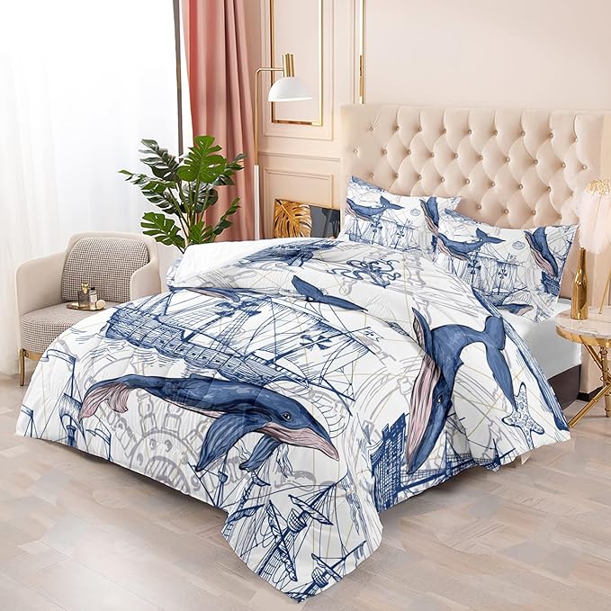 CVHOUSE Whale Comforter Set Queen Size,Ocean Theme Bedding Set for Kids,Whale Nautical Sailing Quilt Set Ocean Duvet Set Ocean Decor 3 Pieces - LeafyLoom