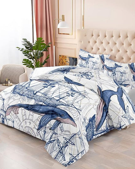 CVHOUSE Whale Comforter Set Full Size,Ocean Theme Bedding Set for Kids,Whale Nautical Sailing Quilt Set Ocean Duvet Set Ocean Decor 3 Pieces - LeafyLoom
