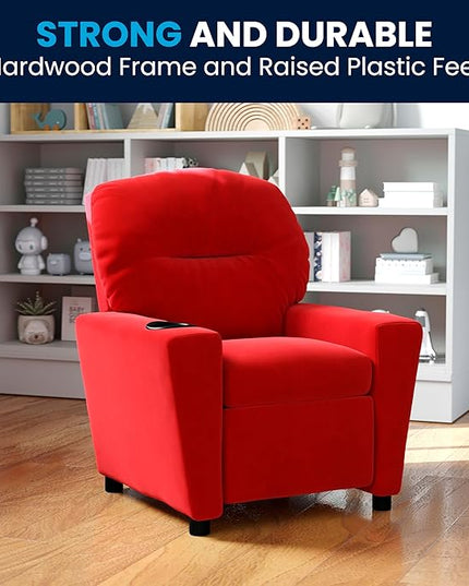 Flash Furniture Chandler Microfiber Kids Recliner with Cup Holder and Safety Recline, Contemporary Reclining Chair for Kids, Supports up to 90 lbs., Red - LeafyLoom
