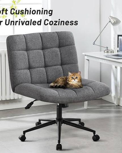 Furniliving Armless Office Desk Chair, Linen Fabric Padded Swivel Chair, Adjustable Home Office Chair with 360° Wheels, Wide Criss Cross Chair for Desk for Living Room, Bedroom, Darkgrey - LeafyLoom