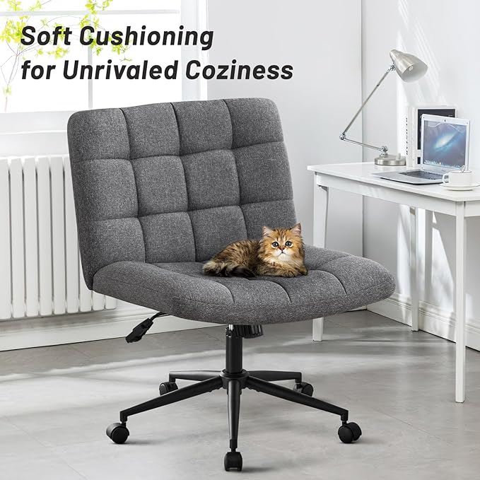 Furniliving Armless Office Desk Chair, Linen Fabric Padded Swivel Chair, Adjustable Home Office Chair with 360° Wheels, Wide Criss Cross Chair for Desk for Living Room, Bedroom, Darkgrey - LeafyLoom
