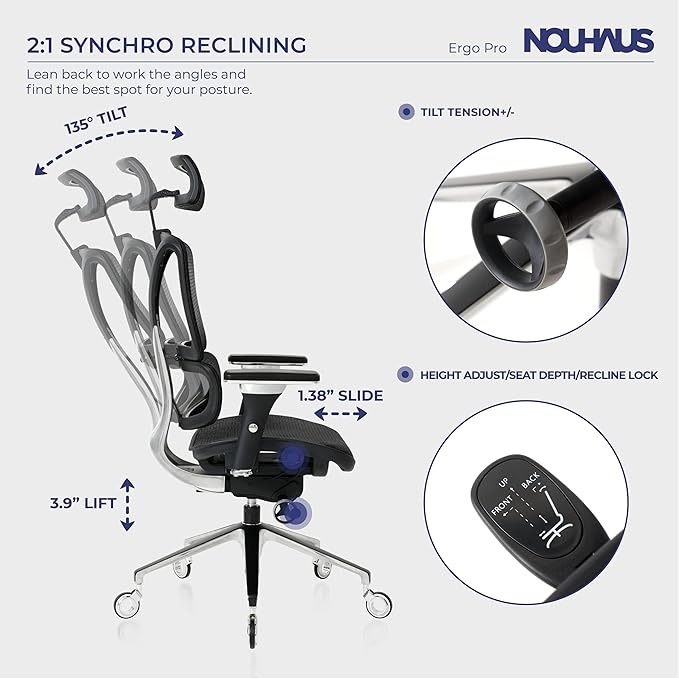 Nouhaus Ergonomic Office Chair Lumbar Support Aluminum Alloy Backrest, Big and Tall Mesh Computer Desk Chair with Adjustable Headrest, 4D Armrest and Premium Wheels(ErgoPRO,Black) - LeafyLoom