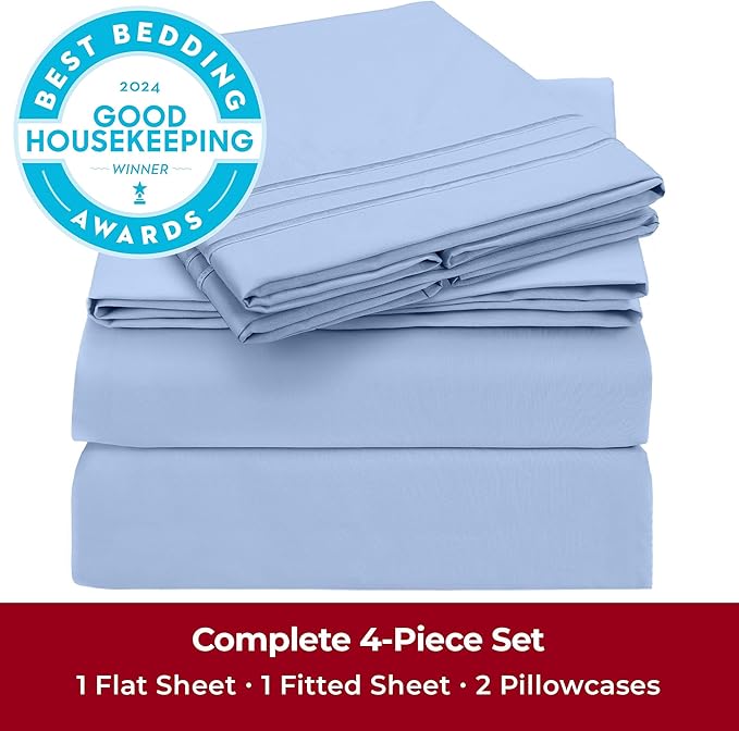 Mellanni King Sheets Set - 4 PC Iconic Collection Bedding Sheets & Pillowcases - Hotel Luxury, Extra Soft, Cooling Bed Sheets - Deep Pocket up to 16 inch (King, Sky Blue) - LeafyLoom