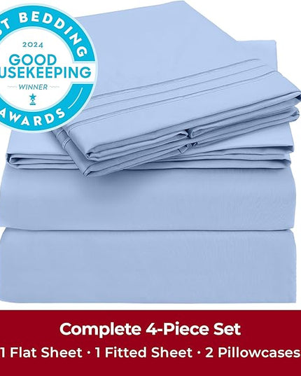 Mellanni Queen Sheets Set - 4 PC Iconic Collection Bedding Sheets & Pillowcases - Hotel Luxury, Extra Soft, Cooling Bed Sheets - Deep Pocket up to 16 inch (Queen, Sky Blue) - LeafyLoom