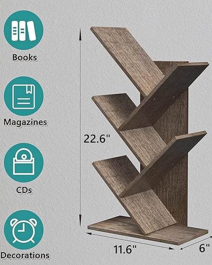 5 Tier Small Tree Bookshelf Desk Book Organizer Narrow Bookcases for Books Magazines CDs Free Standing Retro Wooden Storage Shelves for Home Office Bedroom Living Room Oak Grey - LeafyLoom