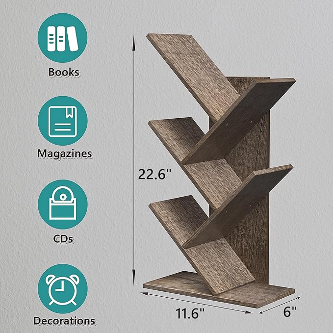 5 Tier Small Tree Bookshelf Desk Book Organizer Narrow Bookcases for Books Magazines CDs Free Standing Retro Wooden Storage Shelves for Home Office Bedroom Living Room Oak Grey - LeafyLoom