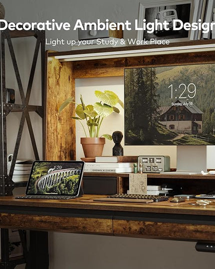 FEZIBO 55 x 27.5 Inches Electric Standing Desk with Open Shelf&LED Strip, Adjustable Height Sit Stand Up Desks with 4 Drawers, Ergonomic Workstation，Rustic Brown - LeafyLoom