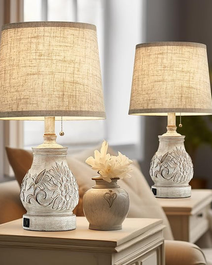 19.5'' Farmhouse Table Lamps for Bedrooms Set of 2 Vintage Bedside Lamps for Nightstand with USB Charging Ports Traditional Rusic Side Table Lamps for Living Room Wooden Carved Floral, Pull Chain - LeafyLoom