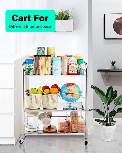 Stainless Steel Cart with Wheels 3 Tier | Stainless Steel Kitchen Cart | Stainless Steel Utility Cart | Metal Cart with Wheels | Suitable for Various Occasions | Movable, Gift tools - LeafyLoom