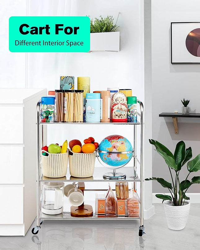 Stainless Steel Cart with Wheels 3 Tier | Stainless Steel Kitchen Cart | Stainless Steel Utility Cart | Metal Cart with Wheels | Suitable for Various Occasions | Movable, Gift tools - LeafyLoom