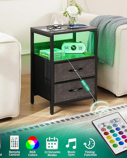 Yoobure Nightstand with Charging Station, LED Night Stand with Fabric Drawers and Storage Shelf for Bedroom, Nightstands Bedside Tables with USB Ports & Outlets, Small Night Stands, Bed Side Table - LeafyLoom