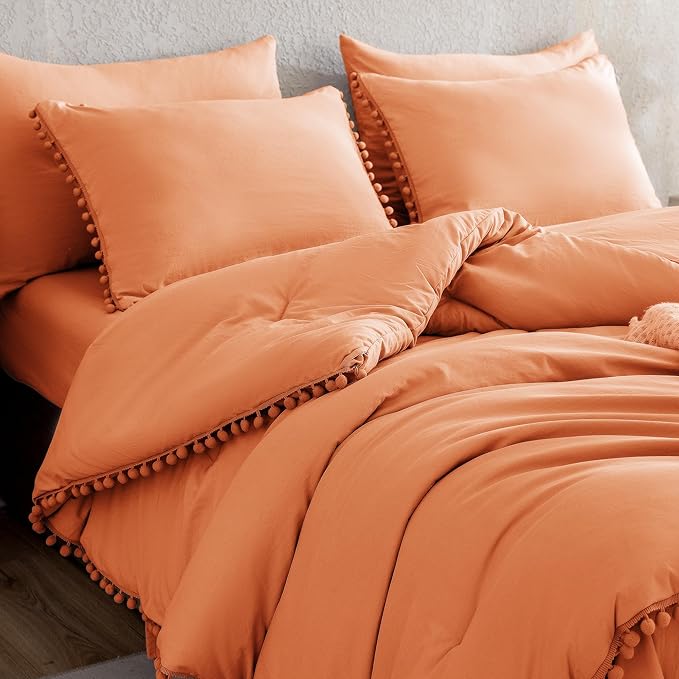 Litanika Comforter Full Size Set Coral,3 Pieces Coral Boho Pom Pom Lightweight Bed Comforter Full,All Season Soft Solid Color Bedding Comforter Sets (1 Comforter 79x90 Inch, 2 Pillowcases) - LeafyLoom
