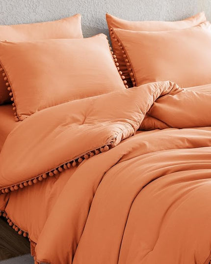 Litanika Queen Size Comforter Set Coral,3 Pieces Coral Boho Pom Pom Lightweight Bed Comforter, All Season Soft Solid Color Bedding Comforter Sets (1 Comforter 90x90 Inch, 2 Pillowcases) - LeafyLoom