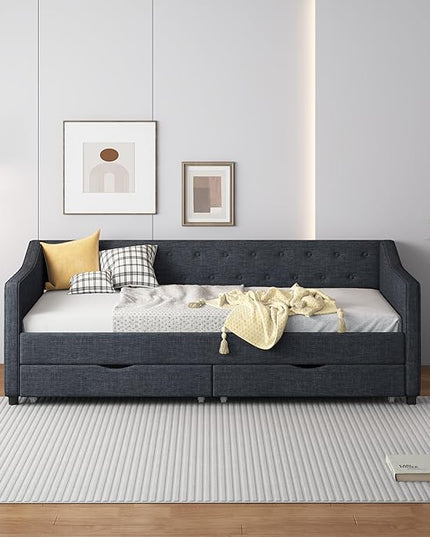 Twin Size Upholstered Daybed with 2 Drawers,Wood Sofa Bed Frame W/Button Tufted Backrest and Waved Shape Arms,Slats Support,Linen Fabric Day Bed,for Bedroom,Living Room,Apartment,Dark Gray - LeafyLoom