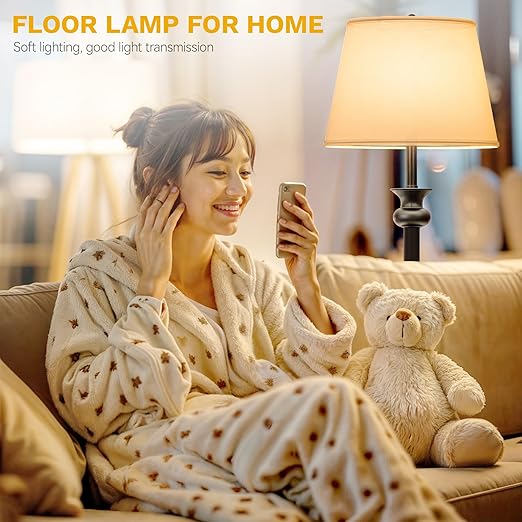 DWVO Floor Lamp with Tray, Retro Style 57'' Metal End Floor Lamp with Linen Shade, Weighted Base, and ON/OFF Rotary Switch for Bedroom, Living Room, Office, Study, Office (Bulbs not Included) - LeafyLoom