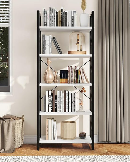 DWVO 5 Tier Bookshelf, White Bookcase Storage Shelves Organizer, Modern Display Rack Standing Book Shelves for Bedroom,Living Room,Office,Kitchen, White & Black - LeafyLoom