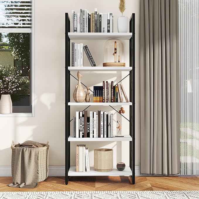 DWVO 5 Tier Bookshelf, White Bookcase Storage Shelves Organizer, Modern Display Rack Standing Book Shelves for Bedroom,Living Room,Office,Kitchen, White & Black - LeafyLoom