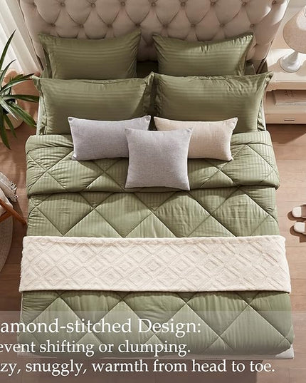 NexHome Queen Comforter Set, 7-Pieces Olive Green Bed in a Bag Queen Size Reversible Comforter All Season Soft Bedding Sets with Comforter, Flat Sheet, Fitted Sheet, Pillowcases & Shams - LeafyLoom