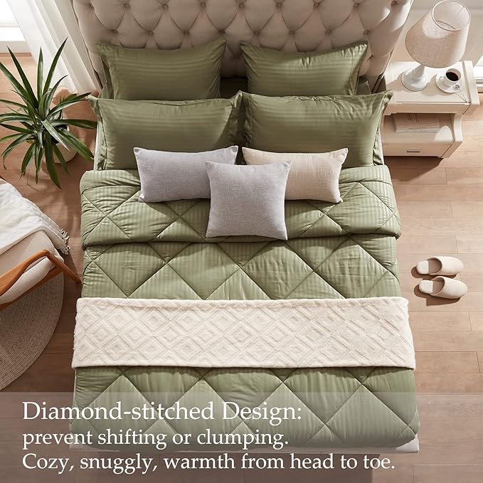 NexHome Queen Comforter Set, 7-Pieces Olive Green Bed in a Bag Queen Size Reversible Comforter All Season Soft Bedding Sets with Comforter, Flat Sheet, Fitted Sheet, Pillowcases & Shams - LeafyLoom