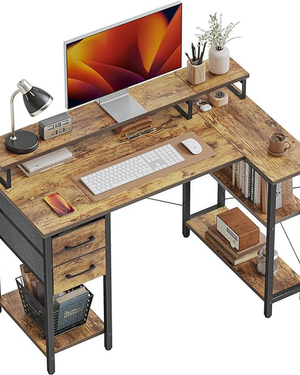 CubiCubi L Shaped Computer Desk with Monitor Stand & Shelves, 47 Inch Corner Home Office Desk Writing Table with Storage Drawer, Brown - LeafyLoom