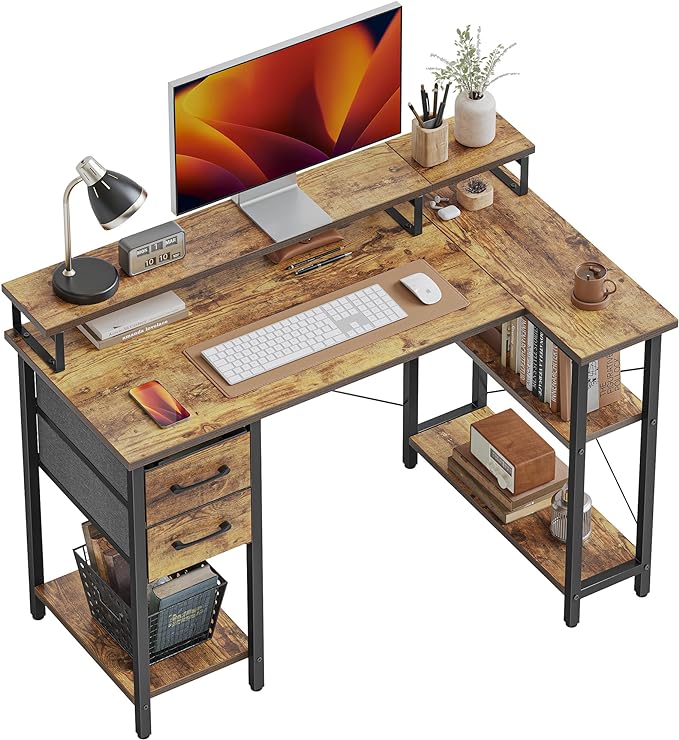 CubiCubi L Shaped Computer Desk with Monitor Stand & Shelves, 47 Inch Corner Home Office Desk Writing Table with Storage Drawer, Brown - LeafyLoom