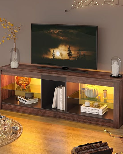 Bestier 55 Inch TV Stand with LED light, Adjustable Glass Shelves, 22 Dynamic RGB Colors, P2 Particle Board, for Entertainment Center, Living Room, Gaming Room, and Bedroom, Dark Walnut - LeafyLoom