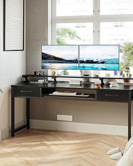 ODK Computer Desk Study Table, 63 Inch Office Desk with Drawers and Keyboard Tray, Study Desk Work Desk with Monitor Shelf, Writing Desk with Storage for Home Office, Black - LeafyLoom