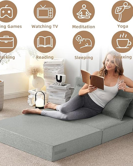 Convertible Folding Sofa Bed - Sleeper Chair with Pillow, Modern Linen Fabric Floor & Futon Couch, Foldable Mattress for Living Room/Dorm/Guest/Home Office/Apartment, Standard Size, Light Gray - LeafyLoom