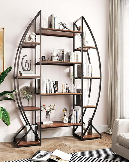 Large Oval Bookshelf, 70“ Tall Open 5 Tier Industrial Bookcases, Modern Etagere Bookcase Furniture, Wall Units for Living Room, Bookshelves Display Shelves for Office - LeafyLoom