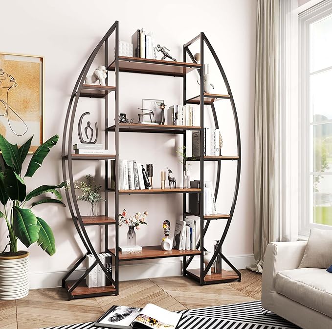 Large Oval Bookshelf, 70“ Tall Open 5 Tier Industrial Bookcases, Modern Etagere Bookcase Furniture, Wall Units for Living Room, Bookshelves Display Shelves for Office - LeafyLoom