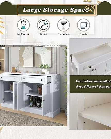 60" Sideboard Storage Buffet Cabinet with 2 Drawers,Wooden Console Table,W/ 4 Doors,Adjustable Shelves,Not Easy to Deform,for Dining Room/Kitchen/Entryway,White - LeafyLoom