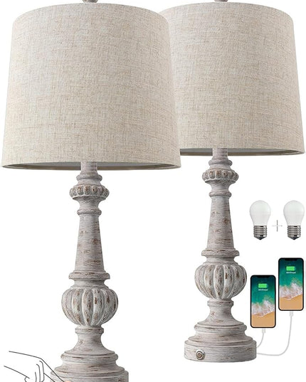 PORTRES 25.75" Traditional 3-Way Dimmable Table Lamp Set of 2 for Living Room Bedside Nightstand Lamps with USB A+C Charging Ports for Bedroom Kids Room Rustic Table Lamps (2 Bulbs Included) - LeafyLoom