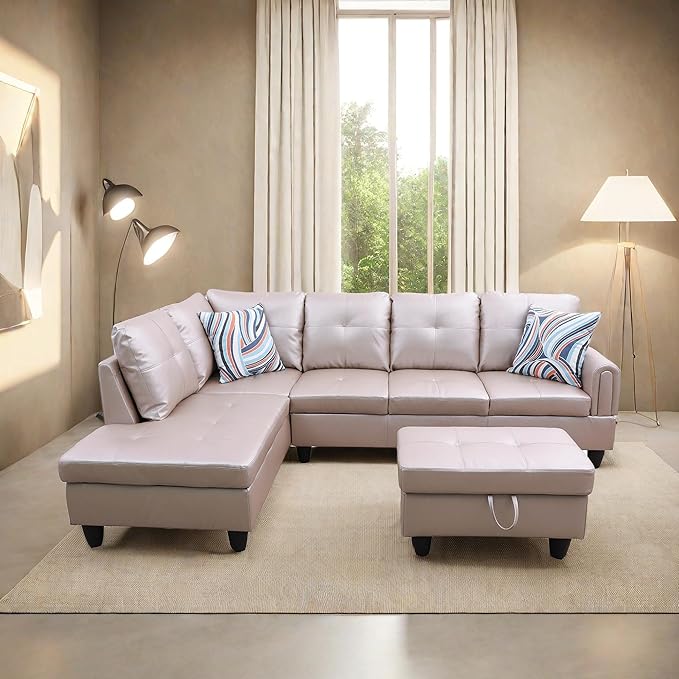 L Shaped Sofa with Ottoman Modern Sectional Living Room, Bedroom, Office, L Couch Persistent Pink - LeafyLoom