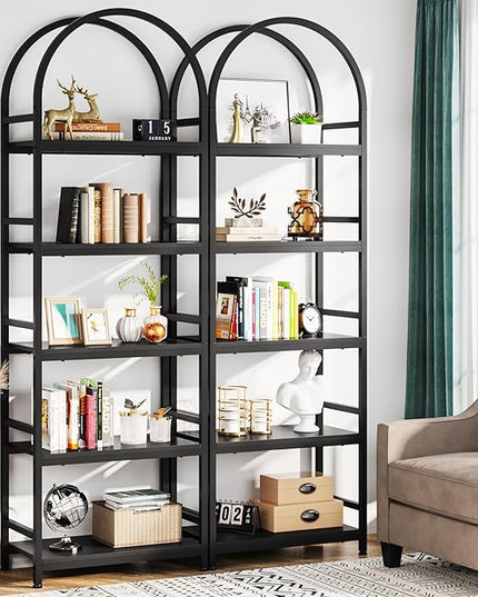 Tribesigns 5-Tier Open Bookshelf Set of 2, 74.4" Wood Bookcase Storage Shelves with Metal Frame, Freestanding Display Rack Tall Shelving Unit for Office, Bedroom, Living Room (Black, 2PCS) - LeafyLoom