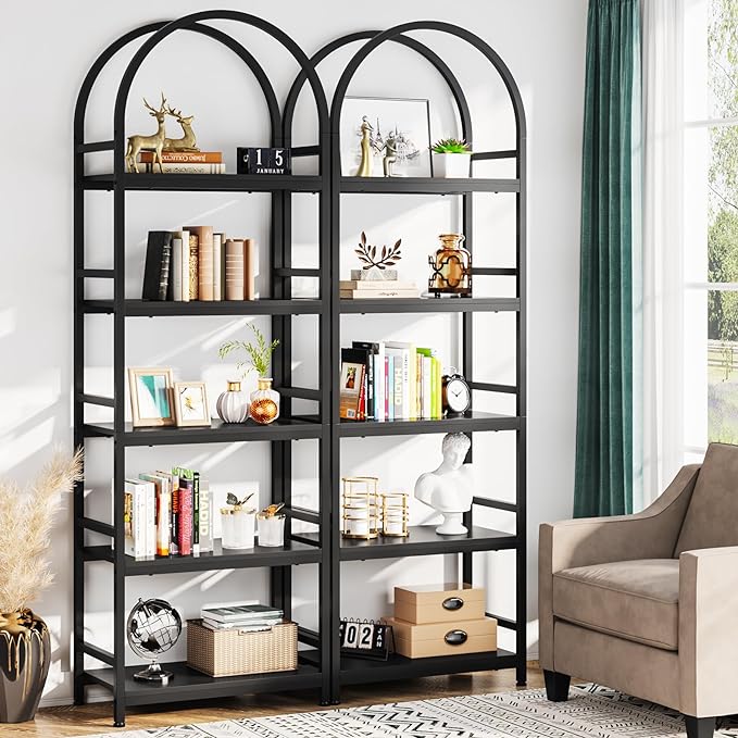 Tribesigns 5-Tier Open Bookshelf Set of 2, 74.4" Wood Bookcase Storage Shelves with Metal Frame, Freestanding Display Rack Tall Shelving Unit for Office, Bedroom, Living Room (Black, 2PCS) - LeafyLoom