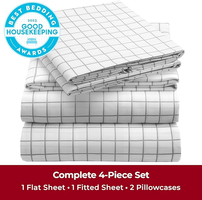 Mellanni California King Sheets Set - 4 PC Iconic Collection Bedding Sheets & Pillowcases - Hotel Luxury, Extra Soft, Cooling Bed Sheets - Deep Pocket up to 16 inch (Cal King, Windowpane Gray) - LeafyLoom