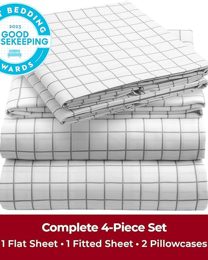 Mellanni King Sheets Set - 4 PC Iconic Collection Bedding Sheets & Pillowcases - Hotel Luxury, Extra Soft, Cooling Bed Sheets - Deep Pocket up to 16 inch (King, Windowpane Gray) - LeafyLoom