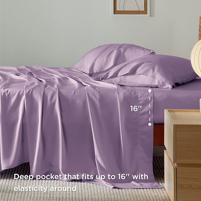 Bedsure California King Sheet Sets, Cooling Sheets, Rayon Derived from Bamboo, Deep Pocket Up to 16", Breathable & Soft Bed Sheets, Hotel Luxury Silky Bedding Sheets & Pillowcases, Lilac - LeafyLoom