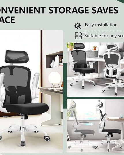 FelixKing Office Chair with Headrest, Home Office Desk Chairs with Flip-Up Armrests, Adjustable Height Ergonomic Office Chair Lumbar Support, Mesh Backrest Computer Chair (White) - LeafyLoom