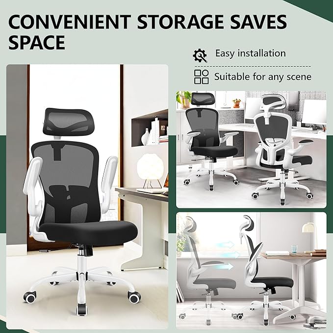 FelixKing Office Chair with Headrest, Home Office Desk Chairs with Flip-Up Armrests, Adjustable Height Ergonomic Office Chair Lumbar Support, Mesh Backrest Computer Chair (White) - LeafyLoom