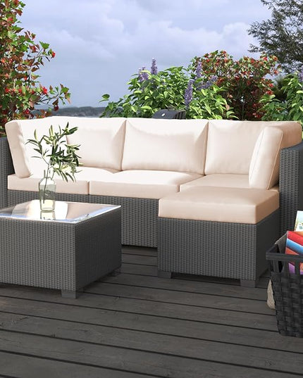 GAOMON 5-Piece Outdoor Patio Rattan Wicker Sofa Set, Pe Rattan Conversation Sectional with Thickened Back Cushion, Glass Tabletop, Ottoman - Ideal for Courtyard Space, Beige - LeafyLoom