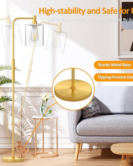 Stepless Dimmable Floor Lamps with Glass Lampshade Modern Standing Lamps with 6W LED Bulb Bright Corner Lamp Tall Pole Lamps for Living Room Bedroom Office Study Room Farmhouse, Gold - LeafyLoom