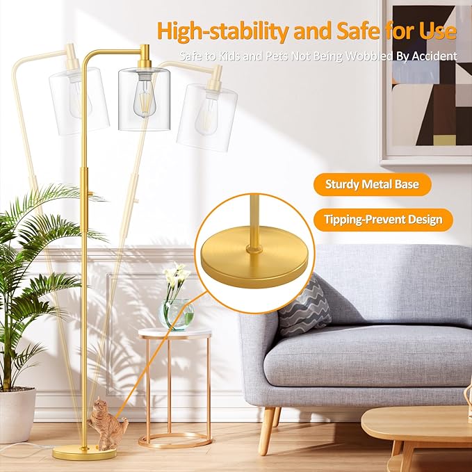 Stepless Dimmable Floor Lamps with Glass Lampshade Modern Standing Lamps with 6W LED Bulb Bright Corner Lamp Tall Pole Lamps for Living Room Bedroom Office Study Room Farmhouse, Gold - LeafyLoom