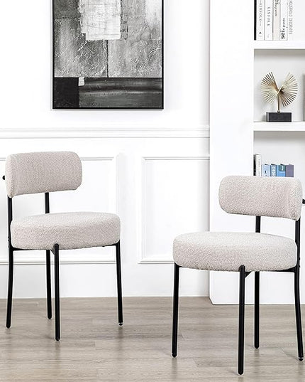 DYHOME Light Grey Dining Chairs Set of 4, Modern Dining Room Chairs Mid-Century, Round Upholstered Kitchen Chairs with Black Metal Legs, Boucle Sherpa Dining Chair - LeafyLoom