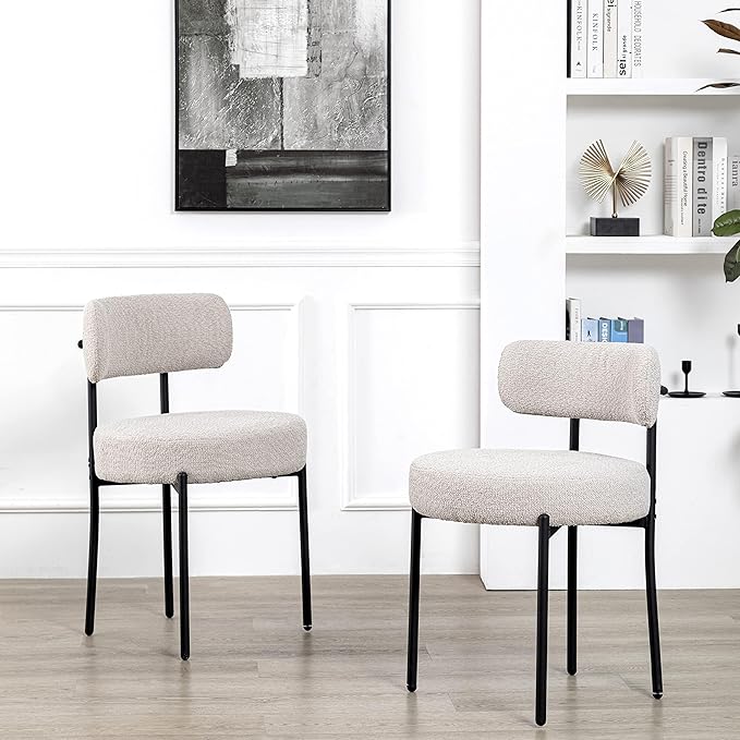 DYHOME Light Grey Dining Chairs Set of 4, Modern Dining Room Chairs Mid-Century, Round Upholstered Kitchen Chairs with Black Metal Legs, Boucle Sherpa Dining Chair - LeafyLoom