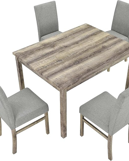 Modern 5 Pcs Set, Including Solid Wood Rectangle Table, 4 Upholstered Dining Chairs and Bench, for Kitchen, Living Room, Small Apartment, Antique Yellow+Gray - LeafyLoom